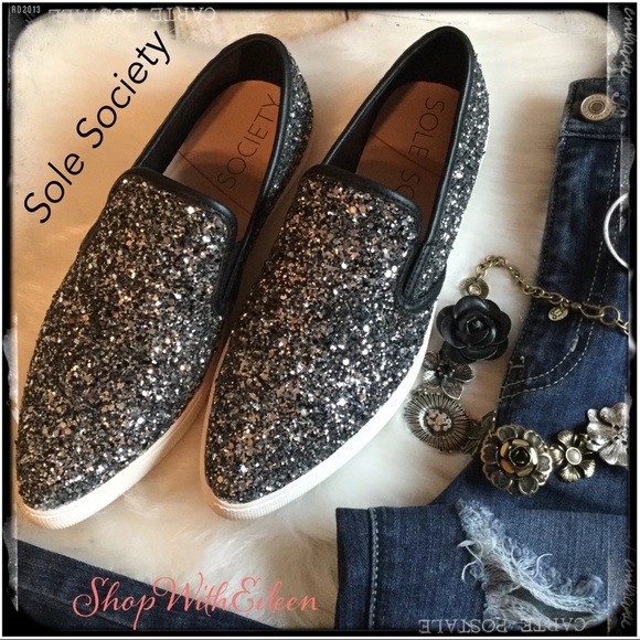 Sole Society Shoes - SOLE SOCIETY Black &Silver Glitter Loafers Flats